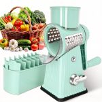 Rotary cheese grater with handle, 5 carefully designed blades, strong suction cup base, kitchen gadget, vegetable slicer, dicer, fruit and vegetable slicer, small kitchen tool.